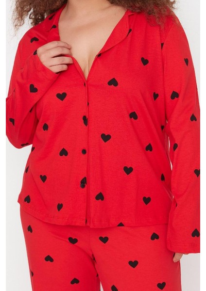 Kadın Moda Şık Büyük Beden Gömlek Yaka Geniş Paça Uzun Kol Kalpli Örme Pijama Takımı modelleri