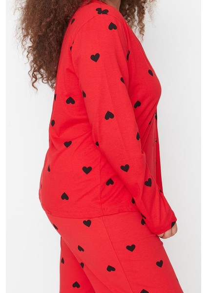 Kadın Moda Şık Büyük Beden Gömlek Yaka Geniş Paça Uzun Kol Kalpli Örme Pijama Takımı fırsatları