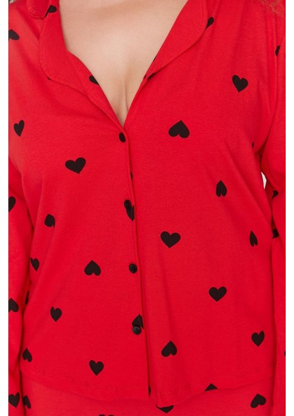 Kadın Moda Şık Büyük Beden Gömlek Yaka Geniş Paça Uzun Kol Kalpli Örme Pijama Takımı indirimleri