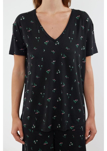 Kadın Moda Şık V Yaka Geniş Paça Kısa Kol Çiçekli Örme Pijama Takımı fiyatları