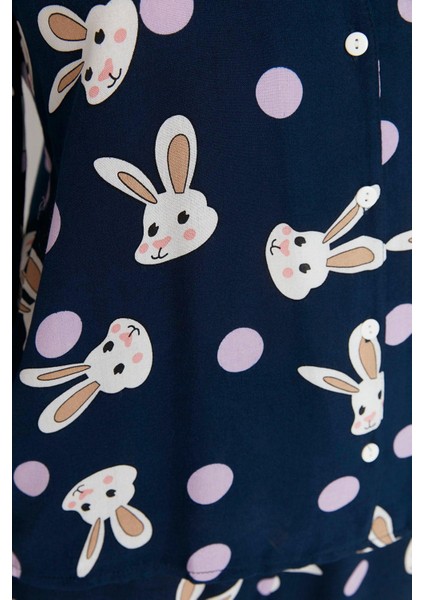 Kadın Moda Şık Gömlek Yaka Boru Paça Uzun Kol Tavşan Desenli Viskon Dokuma Pijama Takımı fırsatları