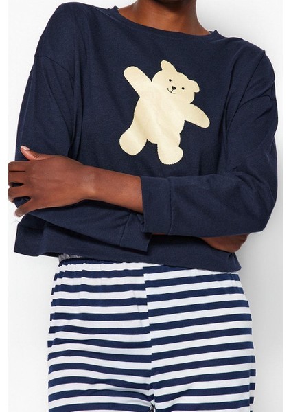 Kadın Moda Şık Bisiklet Yaka Lastikli Paça Uzun Kol Pamuklu Ayıcık Baskılı Örme Pijama Takımı