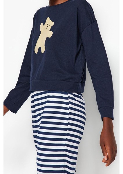 Kadın Moda Şık Bisiklet Yaka Lastikli Paça Uzun Kol Pamuklu Ayıcık Baskılı Örme Pijama Takımı