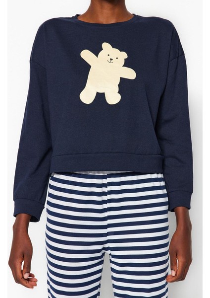 Kadın Moda Şık Bisiklet Yaka Lastikli Paça Uzun Kol Pamuklu Ayıcık Baskılı Örme Pijama Takımı