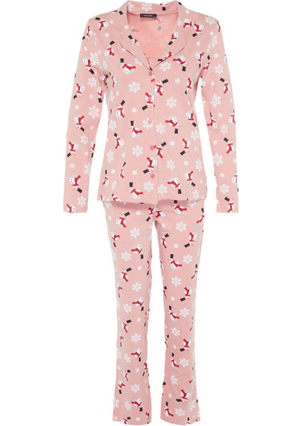 Kadın Moda Şık Gömlek Yaka Boru Paça Uzun Kol Pamuk Yılbaşı Temalı Örme Pijama Takımı