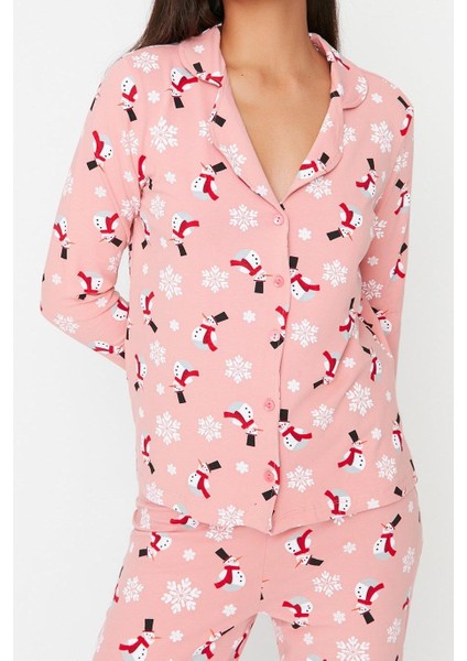 Kadın Moda Şık Gömlek Yaka Boru Paça Uzun Kol Pamuk Yılbaşı Temalı Örme Pijama Takımı fiyatları