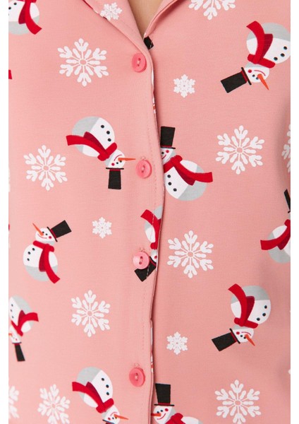 Kadın Moda Şık Gömlek Yaka Boru Paça Uzun Kol Pamuk Yılbaşı Temalı Örme Pijama Takımı indirimleri