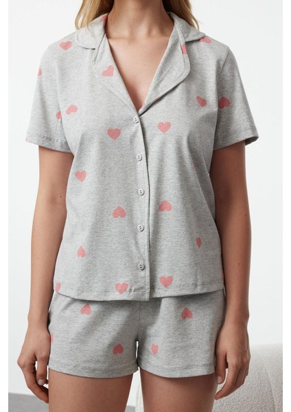 Kadın Moda Şık Gömlek Yaka Boru Paça Kısa Kol Pamuklu Kalp Desenli Örme Pijama Takımı