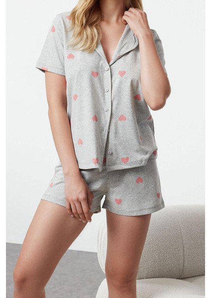 Kadın Moda Şık Gömlek Yaka Boru Paça Kısa Kol Pamuklu Kalp Desenli Örme Pijama Takımı