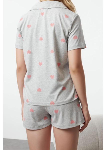 Kadın Moda Şık Gömlek Yaka Boru Paça Kısa Kol Pamuklu Kalp Desenli Örme Pijama Takımı