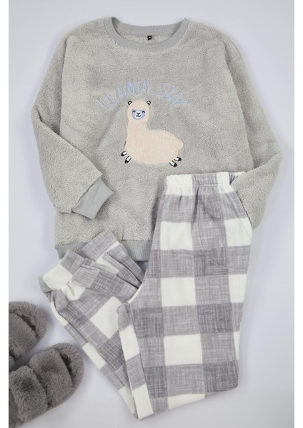 Kadın Moda Büyük Beden Bisiklet Yaka Lastikli Paça Uzun Kol Wellsoft Lama Desenli Örme Pijama Takımı