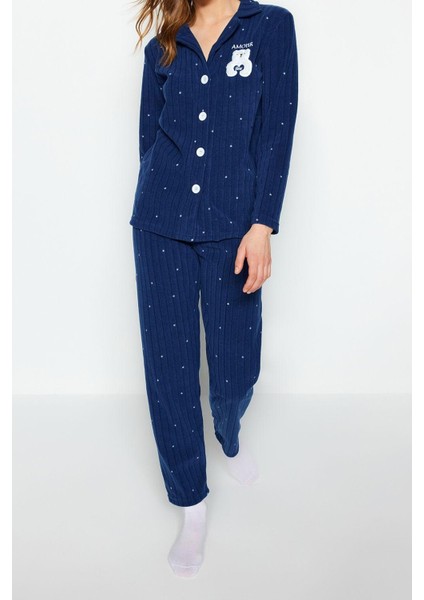 Kadın Moda Gömlek Yaka Boru Paça Uzun Kol Puantiyeli Hayvan Baskılı Polar Kışlık Örme Pijama Takımı