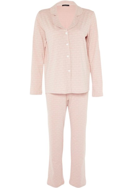 Kadın Moda Gömlek Yaka Boru Paça Uzun Kol Pamuklu Baskılı Gömlek-Pantolon Örme Pijama Takımı