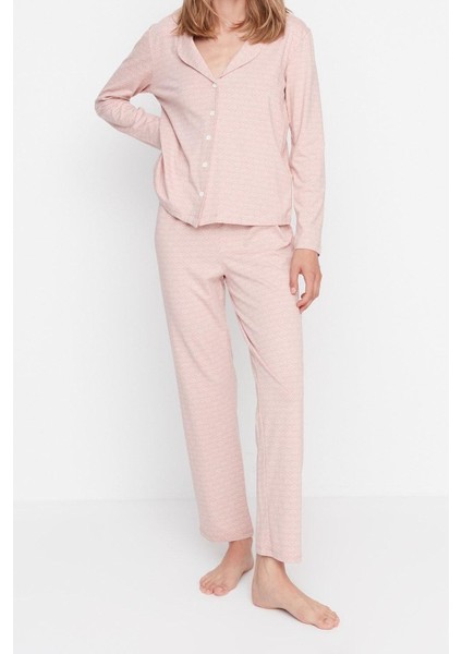 Kadın Moda Gömlek Yaka Boru Paça Uzun Kol Pamuklu Baskılı Gömlek-Pantolon Örme Pijama Takımı fiyatları
