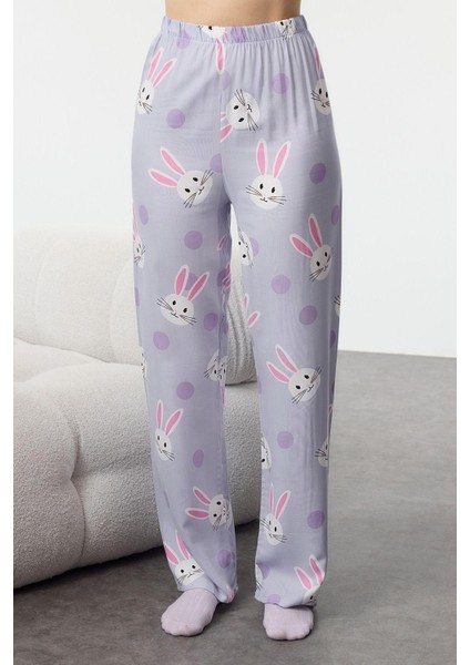 Kadın Moda Şık Gömlek Yaka Boru Paça Uzun Kol Tavşan Desenli Viskon Anne Kız Dokuma Pijama Takımı modelleri