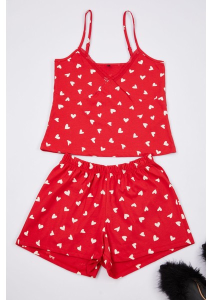 Kadın Moda Şık V Yaka Boru Paça Askılı Kol Pamuklu Kalpli Dantel Detaylı Ip Örme Pijama Takımı
