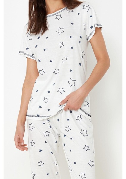 Kadın Moda Şık Bisiklet Yaka Boru Paça Kısa Kol Yıldız Desenli Örme Pijama Takımı