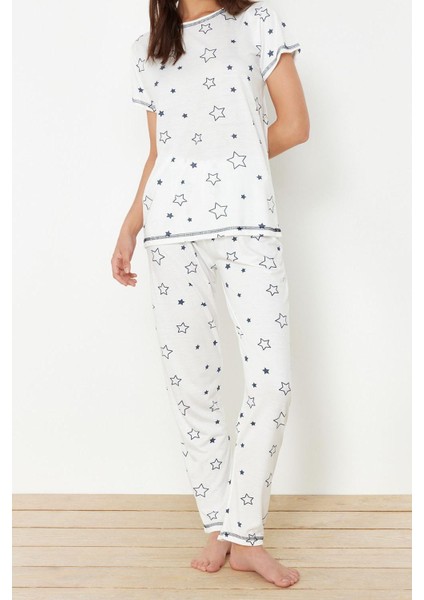 Kadın Moda Şık Bisiklet Yaka Boru Paça Kısa Kol Yıldız Desenli Örme Pijama Takımı