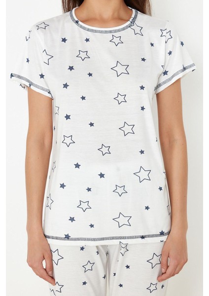 Kadın Moda Şık Bisiklet Yaka Boru Paça Kısa Kol Yıldız Desenli Örme Pijama Takımı