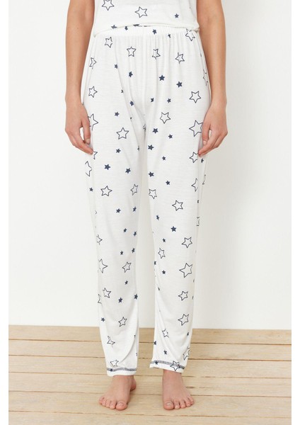 Kadın Moda Şık Bisiklet Yaka Boru Paça Kısa Kol Yıldız Desenli Örme Pijama Takımı