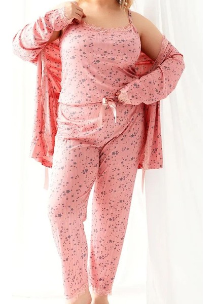 Kadın Büyük Beden Boru Paça Askılı Kol Yıldız Desenli 3lü Paket Dantelli Örme Pijama Takımı