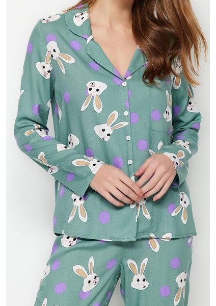 Kadın Moda Şık Gömlek Yaka Boru Paça Uzun Kol Tavşan Desenli Viskon Dokuma Pijama Takımı modelleri