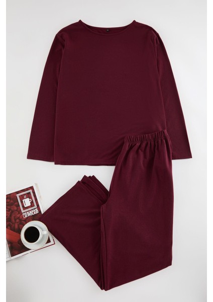Kadın Moda Şık Büyük Beden Bisiklet Yaka Geniş Paça Uzun Kol Paçaları Yırtmaçlı Örme Pijama Takımı