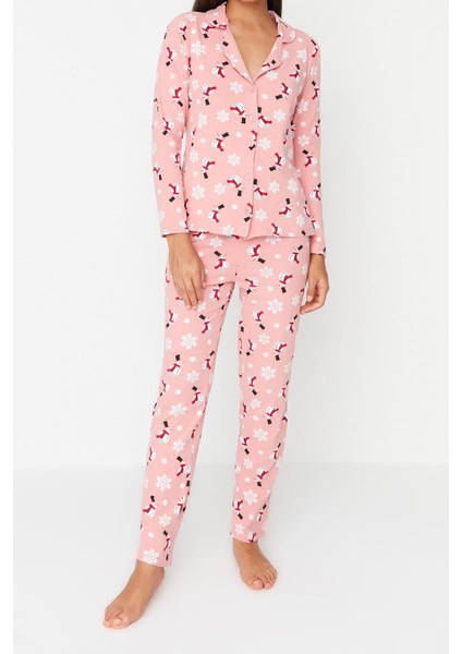 Kadın Moda Şık Gömlek Yaka Boru Paça Uzun Kol Pamuk Yılbaşı Temalı Örme Pijama Takımı