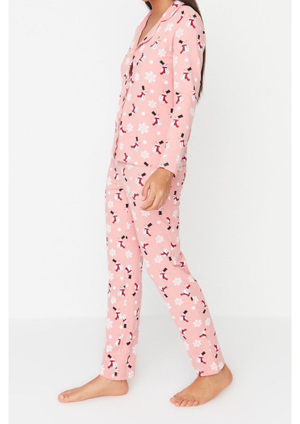 Kadın Moda Şık Gömlek Yaka Boru Paça Uzun Kol Pamuk Yılbaşı Temalı Örme Pijama Takımı