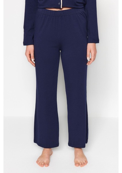 Kadın Moda Gömlek Yaka Boru Paça Uzun Kol Lacivert Pamuklu Biyeli Gömlek-Pantolon Örme Pijama Takımı