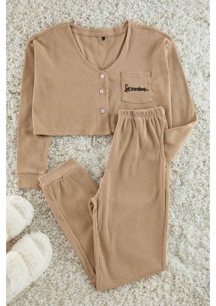 Kadın Moda Şık V Yaka Boru Paça Uzun Kol Fitilli Pamuklu Nakışlı Örme Pijama Takımı