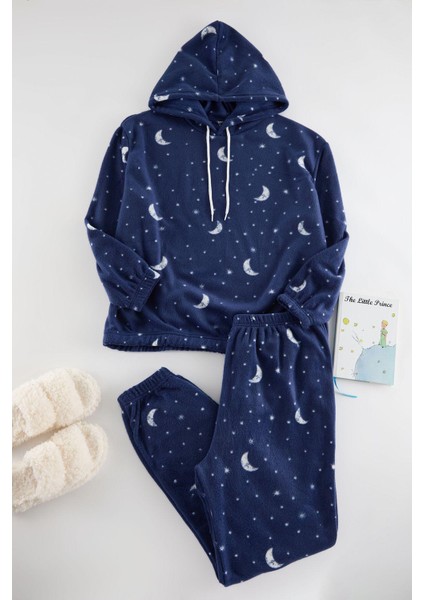 Kadın Moda Şık Büyük Beden Kapüşonlu Lastikli Paça Uzun Kol Galaksi Desenli Polar Örme Pijama Takımı