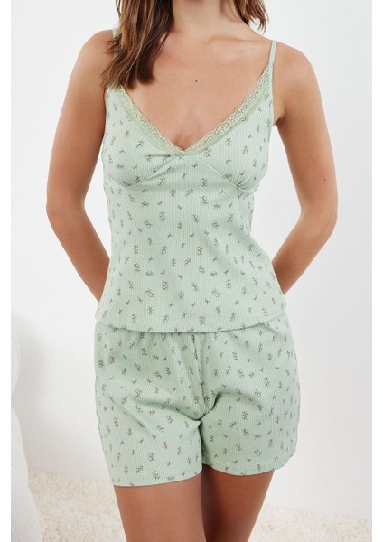 Kadın Askılı Yaka Askılı Kol Premium Pamuklu Çiçekli Dantel Detaylı Ip Fitilli Pijama Takımı fiyatları