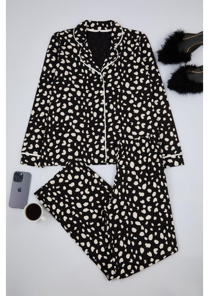 Kadın Gömlek Yaka Boru Paça Uzun Kol %100 Pamuklu Leopar Desenli Gömlek-Pantolon Örme Pijama Takımı
