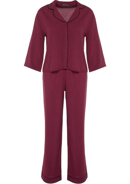 Kadın Moda Gömlek Yaka Boru Paça Truvakar Kol Biyeli Viskon Gömlek-Pantolon Dokuma Pijama Takımı