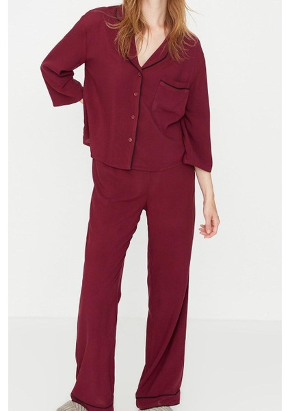 Kadın Moda Gömlek Yaka Boru Paça Truvakar Kol Biyeli Viskon Gömlek-Pantolon Dokuma Pijama Takımı