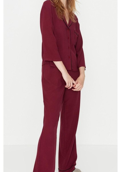 Kadın Moda Gömlek Yaka Boru Paça Truvakar Kol Biyeli Viskon Gömlek-Pantolon Dokuma Pijama Takımı