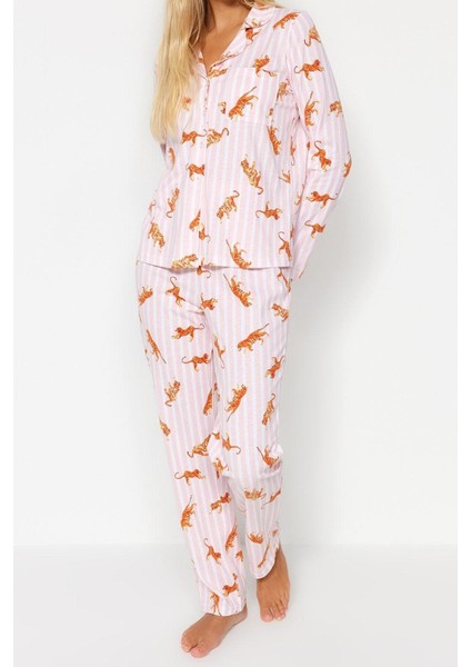 Kadın Boru Paça Uzun Kol Pamuklu Çizgili Kaplan Desenli Gömlek-Pantolon Pijama Takımı