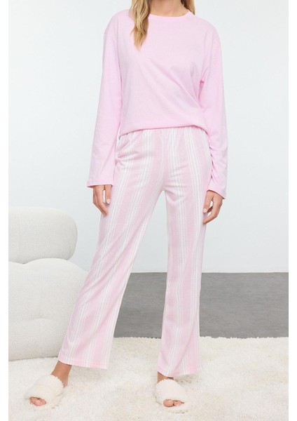 Kadın Moda Şık Bisiklet Yaka Boru Paça Uzun Kol Pamuklu Çizgili Örme Pijama Takımı