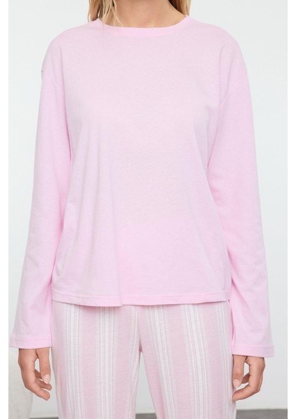 Kadın Moda Şık Bisiklet Yaka Boru Paça Uzun Kol Pamuklu Çizgili Örme Pijama Takımı fiyatları