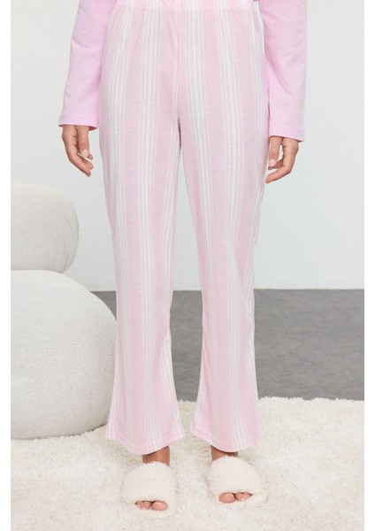 Kadın Moda Şık Bisiklet Yaka Boru Paça Uzun Kol Pamuklu Çizgili Örme Pijama Takımı modelleri