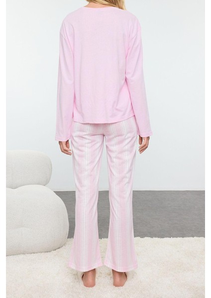 Kadın Moda Şık Bisiklet Yaka Boru Paça Uzun Kol Pamuklu Çizgili Örme Pijama Takımı fırsatları