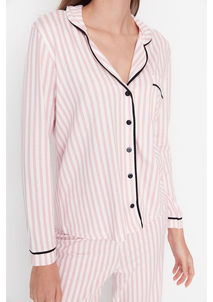 Kadın Moda Şık Gömlek Yaka Geniş Paça Uzun Kol Pamuklu Çizgili Biyeli Örme Pijama Takımı fırsatları