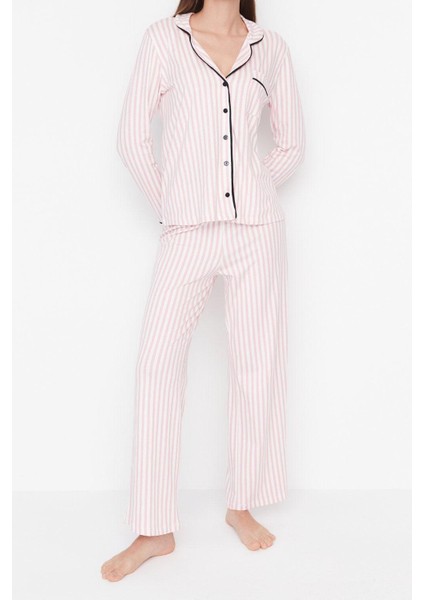 Kadın Moda Şık Gömlek Yaka Geniş Paça Uzun Kol Pamuklu Çizgili Biyeli Örme Pijama Takımı indirimleri