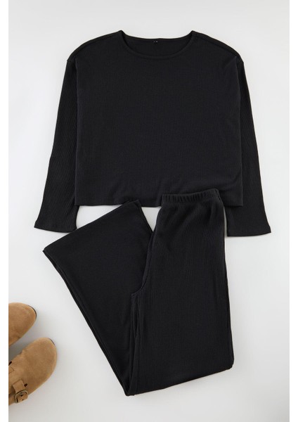 Kadın Moda Şık Bisiklet Yaka Geniş Paça Uzun Kol Fitilli Örme Pijama Takımı