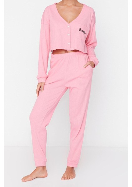 Kadın Moda Şık V Yaka Boru Paça Uzun Kol Fitilli Pamuklu Nakışlı Örme Pijama Takımı