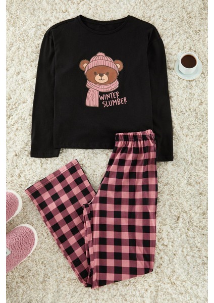 Kadın Moda Bisiklet Yaka Geniş Paça Uzun Kol Pamuklu Ayıcık Baskılı Ekoseli Örme Pijama Takımı