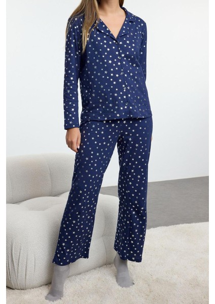 Kadın Moda Şık Gömlek Yaka Geniş Paça Uzun Kol Pamuklu Varak Yıldız Desenli Örme Pijama Takımı