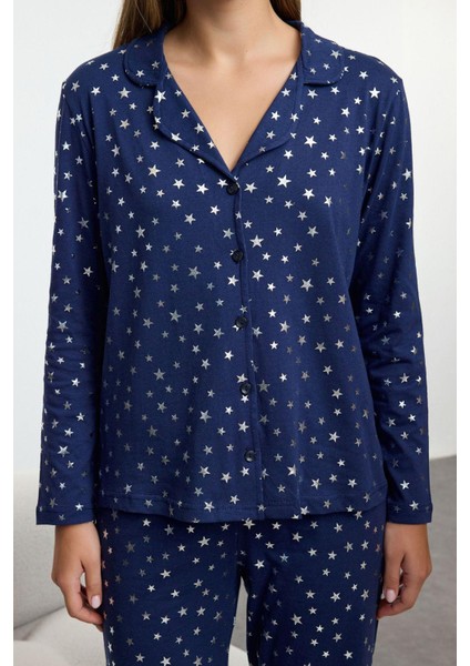 Kadın Moda Şık Gömlek Yaka Geniş Paça Uzun Kol Pamuklu Varak Yıldız Desenli Örme Pijama Takımı