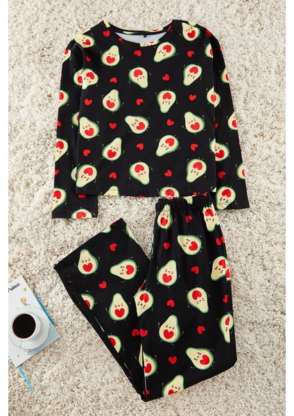 Kadın Moda Bisiklet Yaka Boru Paça Uzun Kol Pamuklu Avokado ve Kalp Desenli Örme Pijama Takımı